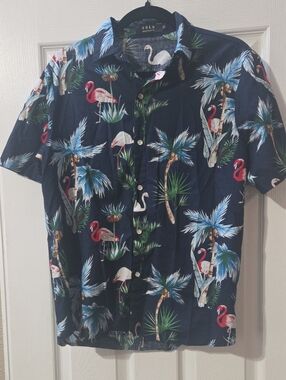 SSLR Navy Flamingo Print Short Sleeve Button-Down Shirt
